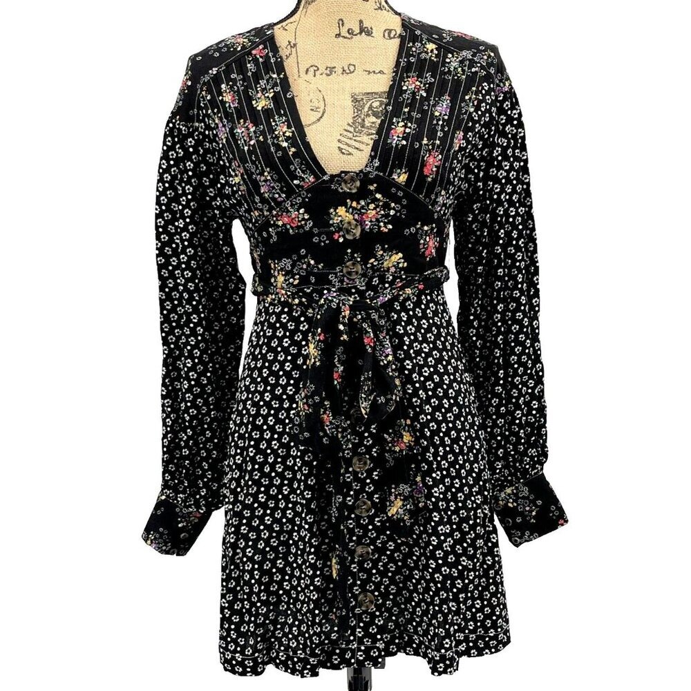 Free People Wonderland Floral Dress XS Floral Pleated Sash Tie Sleeve Button
